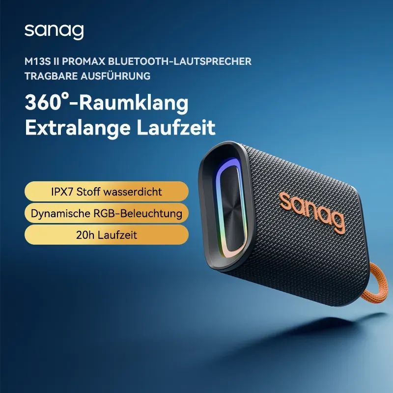 Sanag M13SIIProMax Fabric Strong Bass RGB IPX7 Waterproof Portable Bluetooth Wireless Speaker Weaving Fabric HIFI Outdoor Speaker S-M13SIIProMax-PT-Speaker-Black