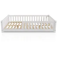 Juskys Kinderbett Naya 120x200 cm & Bett mit Rausfallschutz & Lattenrost - Holz Bodenbett Kinder Weiß