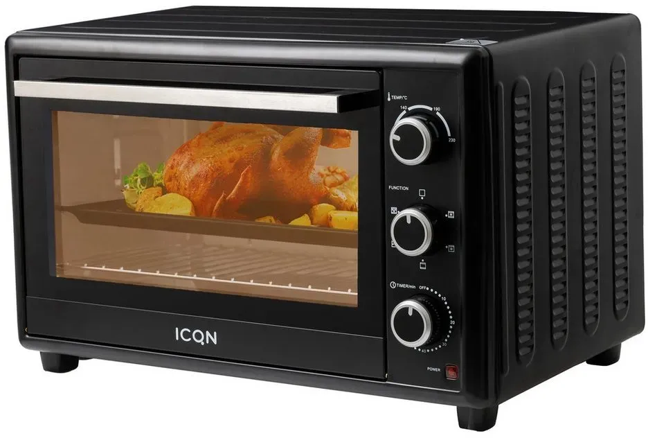 ICQN Minibackofen 50L mit Umluft, 1800 W, Drehspieß, Innenbeleuchtung, Pizzaofen, 60 Min Timer, inkl. Backblech Set, Mini-Ofen schwarz