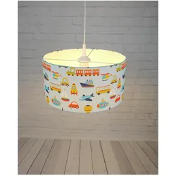 Stoff-Pendelleuchte weiß mit bunten Fahrzeugen Ø35 cm