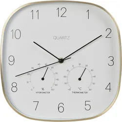 1 Wanduhr 28,5cm Metall Uhr Weiß Gold mit Thermometer Hygrometer Küchenwanduhr Wohnzimmeruhr Wanddeko Wohnzimmerdeko Metallwanduhr batteriebetrieben