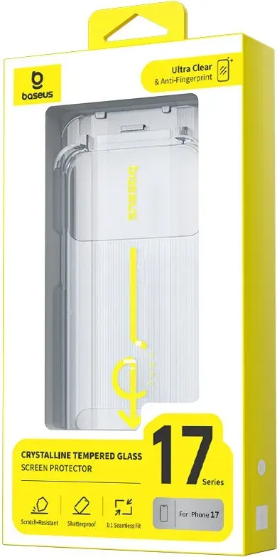 Baseus kristallklarer HD-Panzerglas-Displayschutz für iPhone 17 Pro Max, transparent, mit staubfreiem Montagepad, 1 Stück (inkl. 1 Reinigungsset)