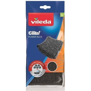 Vileda Glitzi Power Inox, Stahlschwamm gegen hartnäckige Verschmutzungen, länger haltbar, hygienische Reinigung, Härtegrad 3, 2er Pack