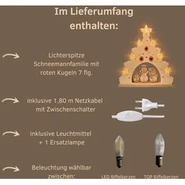 Weigla Schneemannfamilie mit roten Kugeln", natur, B:38cm H:43cm T:4,5cm, Holzwerkstoff, Schwibbögen, Schwibbogen, Erzgebirge garantiert, Lichterspitze aus Buchenholz