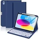 MoKo Hülle mit Tastatur für iPad A16 11 Generation 2025/10 Generation 2022(11/10.9 Zoll), TPU Schutzhülle iPad 10. Gen Hülle mit Pencil Halter und magnetisch Abnehmbarer Tastatur mit QWERTY Marineblau