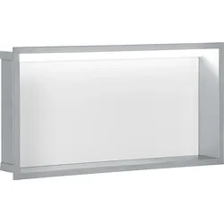 Edelstahl-Wandeinbaunische, offen 600, LED-Beleuchtung (Ausführung: Wandnische mit LED Beleuchtung 624x324x100mm weiße Glasrückwand)