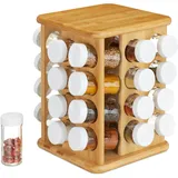 Relaxdays XXL Gewürzkarussell, drehbar, 32 Gewürzgläser, aromadichte Aufbewahrung, Gewürze Organizer, Bambus, natur, 28 x 25 x 25 cm