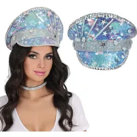 Fiestas Guirca Kostüm, Polizei Karneval Glitzerhut Funkelnde Perlen Strass Sterne Blau Silber blau