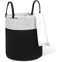 HDRNT Wäschekorb Geflochten aus Baumwolle,50L Wäschesammler mit Henkel,Geflochtener Wäschesortierer, Laundry Basket Aufbewahrungskorb für Wäschekammer Kinderzimmer Bad (35cm*40cm) (schwarz)