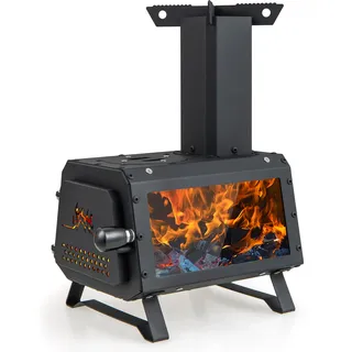 GYMAX Holzofen, tragbarer Raketenofen mit Sichtfenster, Zeltofen inkl. 2 Kochflächen mit Sichtscheibe & Aschepfanne, Kanonenofen für Garten & Camping