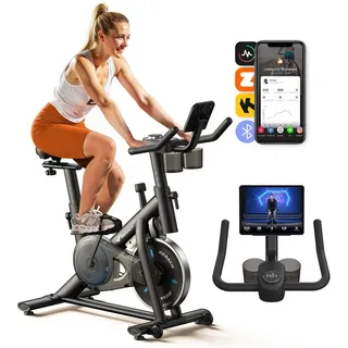MERACH Fitnessbike Heimtrainer Fahhrad für Zuhause, leises Fitnessbike mit LED-Monitor, (Fahrradtrainer mit Tablet-Halter, Bluetooth und App-Funktion, Stationäres Fahrrad mit verstellbare Sitz, Wasserflasche-Halter), bequemer und leiser, Verstellbarer Widerstand, bis 122 KG belastbar schwarz