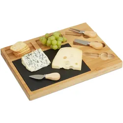 Relaxdays Käsebrett Set, Bambus Käseplatte unterteilt, 3 Käsemesser, Schieferplatte, HxBxT: 3 x 40 x 30 cm, natur