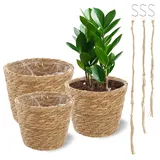 Mulaibdin 3 STK Übertopf Korb Geflochten, Rattan Blumentopf Rund mit Makramee Blumenampel, Natur Seegras Blumentöpfe mit Einsatz für Innen,Außen,Balkon,Zuhause,Garten Dekoration