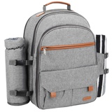 Sunflora Picknick Rucksack Set 4 Personen mit Isoliertem Kühlung und Decke, Picknickkorb 4 Personen für Camping Outdoor(Grau)