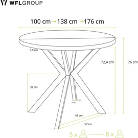 WFL GROUP Runder Ausziehbarer Esstisch - Loft Style Tisch mit Weißen Metallbeinen - 100 bis 180 cm - Industrieller Tisch für Wohnzimmer - Kompakt - 100 cm - Weiß