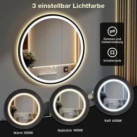 gimbelen Runder Spiegel mit Beleuchtung, 50 cm, Badspiegel mit Beleuchtung, mit Touch-Schalter und Sicherheitsglas, 3 Lichtfarben Einstellbar, 3000... / Schwarz