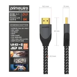 Primewire 8k HDMI Kabel 2.1 - 8K @ 120Hz 4K @ 240Hz mit DSC, HDMI 2.0a 2.0b, 3D, Highspeed Ethernet, HDTV UHD II, HDR-10+ - eARC, VRR, Dolby Vision