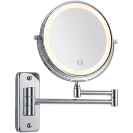 Relaxdays Kosmetikspiegel mit LED-Beleuchtung, 10-fach, 360° drehbar, Ø 17,5 cm, Metall, Akku mit USB, Silber