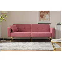 BBWL Sofa Schlafsofa 2-Sitzer mit Bettfunktion, verstellbarer Rückenlehne, Lammwollbezug, goldenen Metallbeinen und Seitentaschen rosa