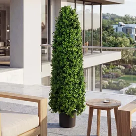 Mendler Künstlicher Buchsbaum HWC-Q89, Buchs Buxus im Topf Dekobaum Kunstpflanze Kegel naturgetreu immergrün Outdoor 120x35x35cm