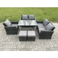 Polyrattan Garten Esstisch Set Gartenmöbel Sofa Mit Rechteckiger Esstisch Loveseat Sofa 2 Kleine Fußhockern Dunkelgrau Gemischt - Fimous