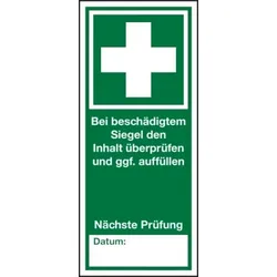 Erste Hilfe Prüfsiegel Verbandkasten, Bogen = 5 Stück - 30x70 mm Dokumentenfolie selbstklebend