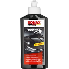 SONAX Polish+Wax Color schwarz (250 ml) Mittelstarke Politur für neuwertige und leicht matte Lacke mit Farbpigmenten und Wachsanteilen | Art-Nr. 02961410