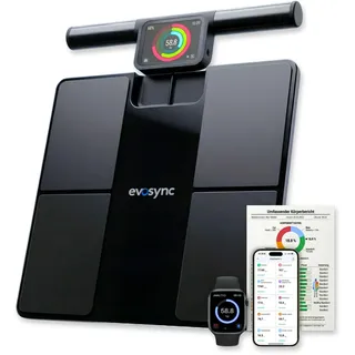 Evosync Körperanalyse-Waage – Smart Körperfettwaage mit 58 Gesundheitsmetriken, 8-Elektroden-Technologie, hochpräzise Messung, kostenlose App ohne Abo, Multi-User, Bluetooth & Reportfunktion