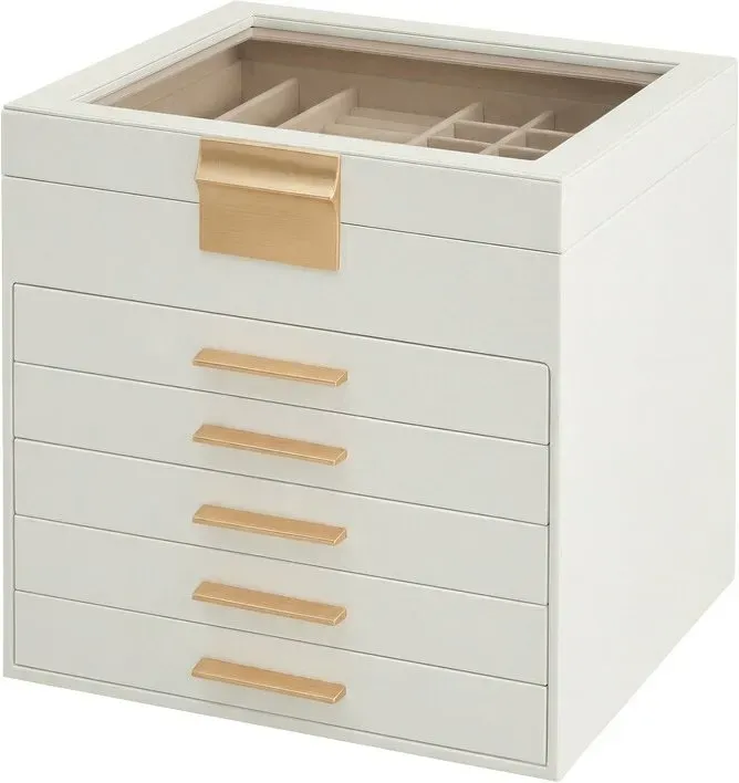 Ochama Schmuckkästchen 6 Ebenen, mit Glasdeckel, Schmuckbox, 5 Schubladen, modern, weiß-goldfarben