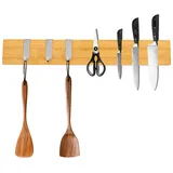 chefgastro Magnetleiste magnetische Messerleiste Messerhalter aus Bambus 6,2x40x2,1cm mit 3 silbernen Haken Bambus extra stark