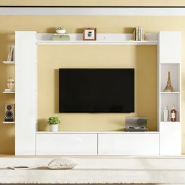 stilvora Wohnwand Weiß, Holzwerkstoff, 6 Fächer, Rechteckig, 228x170x30 cm, Wohnzimmer, Wohnwände, Anbauwände