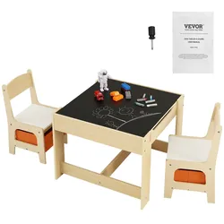 VEVOR Kindersitzgruppe Kindertisch, 2 Kinderstühle 1 Tisch Kindersitzgruppe aus P2-Grad MDF, Kindertisch-Set Stabile Kindermöbel mit doppelseitiger Tischplatte & Aufbewahrungsbox Kindermöbelset
