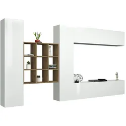 Dmora Wohnzimmermöbel Gualtiero, Wohnzimmer-Set TV-Möbel mit 4 Türen, Mehrzweck-Wohnmöbel, 100 % Made in Italy, cm 350x30h180, glänzend weiß