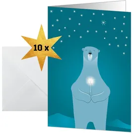 Sigel DS077 Weihnachts-Karten Set mit Umschlag, A6, 10 Stück, "Polar bear with candle", ideal zum Bedrucken, aus nachhaltigem Papier