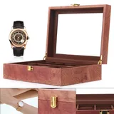 SuhoFutus Uhrenbox mit 10 Fächern, Vintage Uhrenbox aus Holz mit Glasdeckel, Aufbewahrungsbox mit Uhrenkissen, Personalisierte Geschenke für Ihre Liebsten, Farbe der roten Birne, 29 * 21 * 8 cm