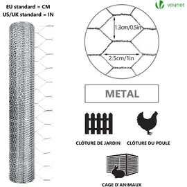 VOUNOT VOUNOT® Drahtzaun Sechskantgeflecht, Maschendrahtzaun, 1x50m, Maschenweite 13mm, Verzinkt Silber