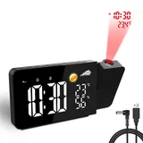 Uzoli EM3211A Projektionswecker, 8h Wettervorhersage, Digitale LED Uhr mit temperaturanzeige, 2 Wecker, Schlummerfunktion, 180° Projektion, 10 Klingeltöne, Projektionsuhr ideal für Zuhause oder Büro