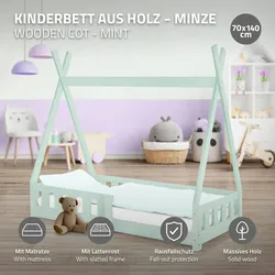 Kinderbett+Matratze Rausfallschutz Tipi Bett Hausbett Kiefernholz Minze 70x140cm