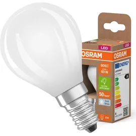 Osram Energy Class LED-Lampe in klassischer Miniballform, 3.8 W / 806 lm, EEK A, kaltweißes Licht (4000 K), CRI 80, aus gefrostetem bleifreiem Glas, E14 Sockel, IP20, 45 mm Durchmesser.