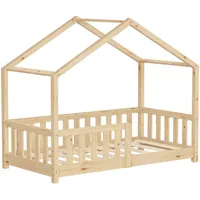 ML-Design Kinderbett Hausbett 70x140 cm Natur, Holzbett mit Rausfallschutz,