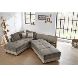 luma-home Ecksofa-Dauerschläfer, Doppelbett 306/223/95 cm Boxspring Federkern Ecksofa 306x223 Dauerschläfer, Bettkasten, Regal, Schwenkteil rechts, Kunstleder Beige+Mikrofaser Grau Braun, Beige