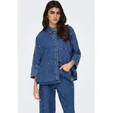 Only Jeansbluse "ONLGRACE 3/4 RHINESTONE MB DNM SHIRTNOOS", Damen, Gr. S, blau (medium blau denim), Web, Obermaterial: 100% Baumwolle, unifarben, oversize, Blusen Jeansbluse, mit Strasssteinen