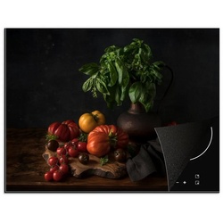 MuchoWow Herdblende-/Abdeckplatte Stilleben – Tomaten – Basilikum – Gemälde – Gemüse – Schwarz, Vinyl, (1 tlg), 77×59 cm, Ceranfeldabdeckung, Arbeitsplatte für küche bunt 77 cm x 59 cm x 0.3 cm