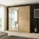 beautysofa Schiebtürenschrank PACO 200 cm - Kleiderschrank inkl. 2 Schiebtüren Schrank mit Spiegel & Kleiderstange, Farbe: Eiche Craft golden - Braun