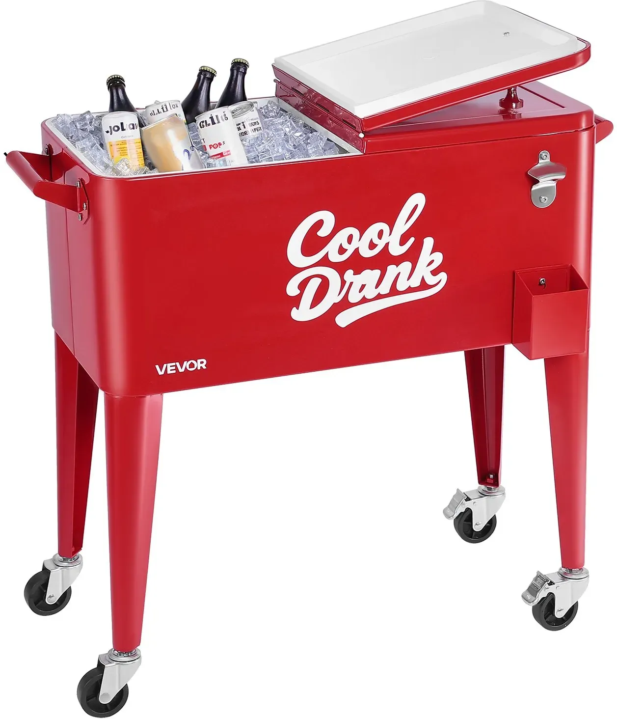 VEVOR Kühlwagen Getränkewagen 75,71 L bis zu 50 Flaschen/110 Dosen, Beistellwagen für Terrassenpartys mit  4 Lenkrollen (2 mit Bremsen) & Sammelbox für Deckel & Flaschenöffner, Getränkekühler