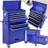 Tectake tectake® Werkzeugwagen 8 kugelgelagerte Schubladen mit Antirutschmatten, großes Klappfach, mobiler Kofferaufsatz mit zentraler Sicherheitsverriegelung, Rollen Ø 100 mm