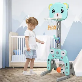 komfotteu GOPLUS 3-in-1 Sportaktivitätscenter, Basketballkorb & Fußballtor & Ringspiel, Höhenverstellbarer Basketballständer, mit Basketball & Fußball &... - Blau/Grau