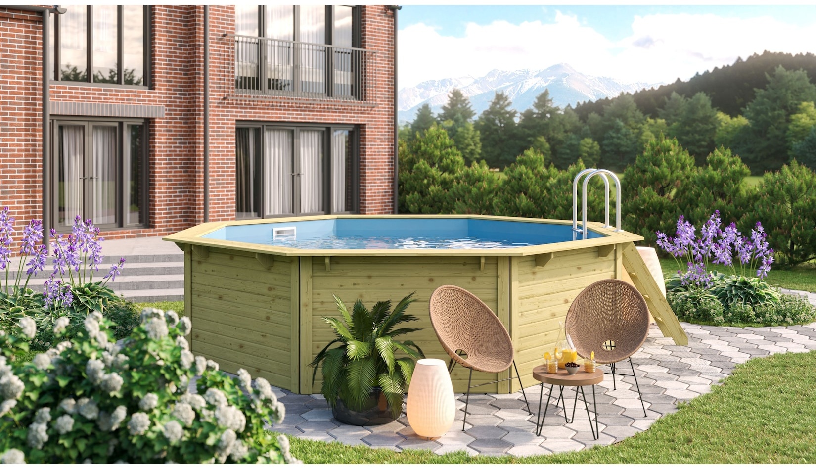 Karibu Massivholz Pool "Netto 2" SET kdi mit Innenhülle blau, Skimmer