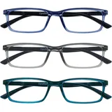 OPULIZE SEE Blaulichtfilter Lesebrille für Damen Herren, Blendfreie UV400-Schutz Federscharnier Anti-Müdigkeit, Rechteckiger Rahmen, Computerbrillen Gaming, 3er-Pack Blau Grau Türkis +1,00