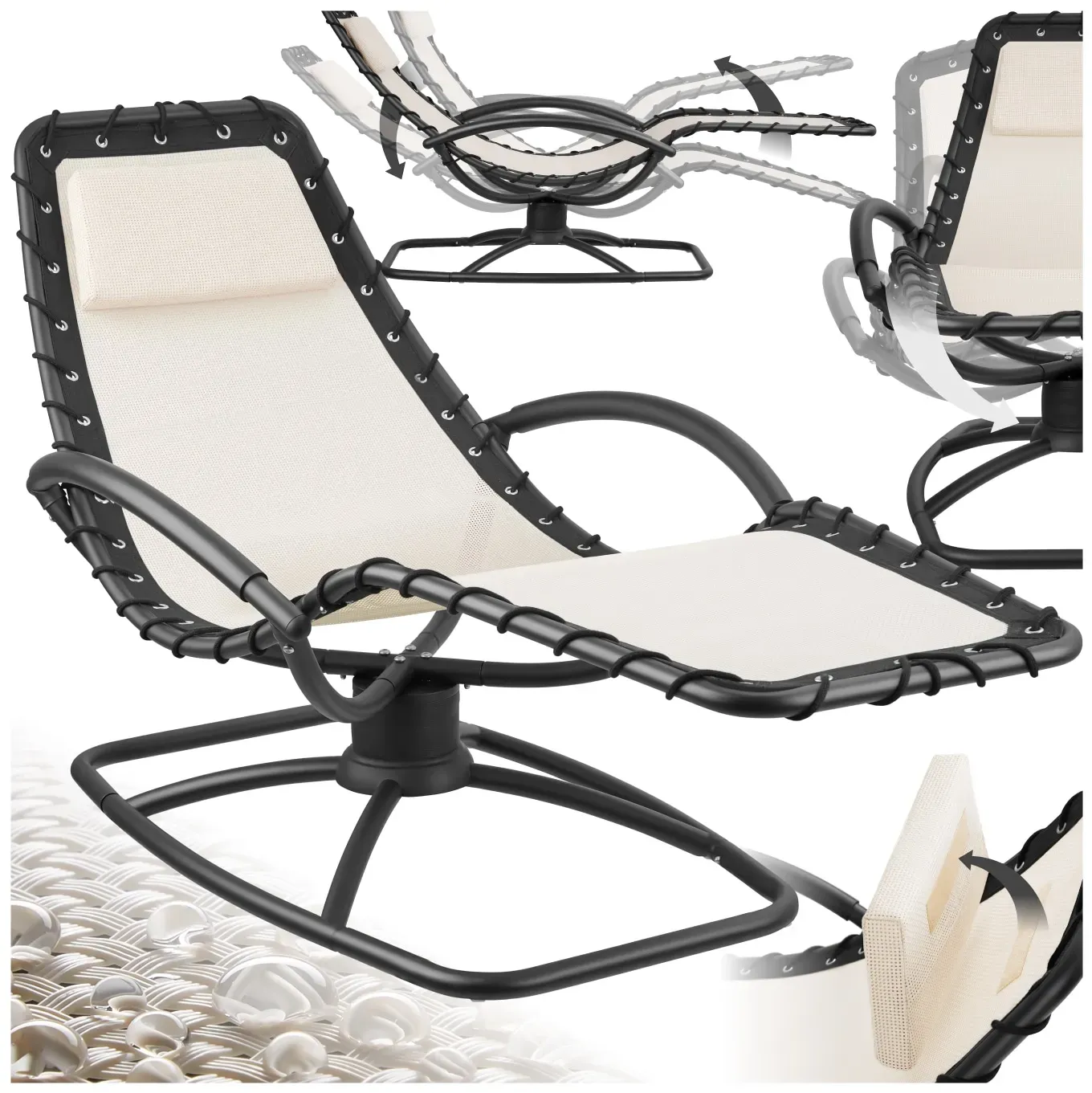 tectake® Gartenliege, ergonomisch, mit Komfort-Schwingbewegung, atmungsaktives, wasserabweisendes Textilene-Gewebe, abnehmbares Kopfpolster